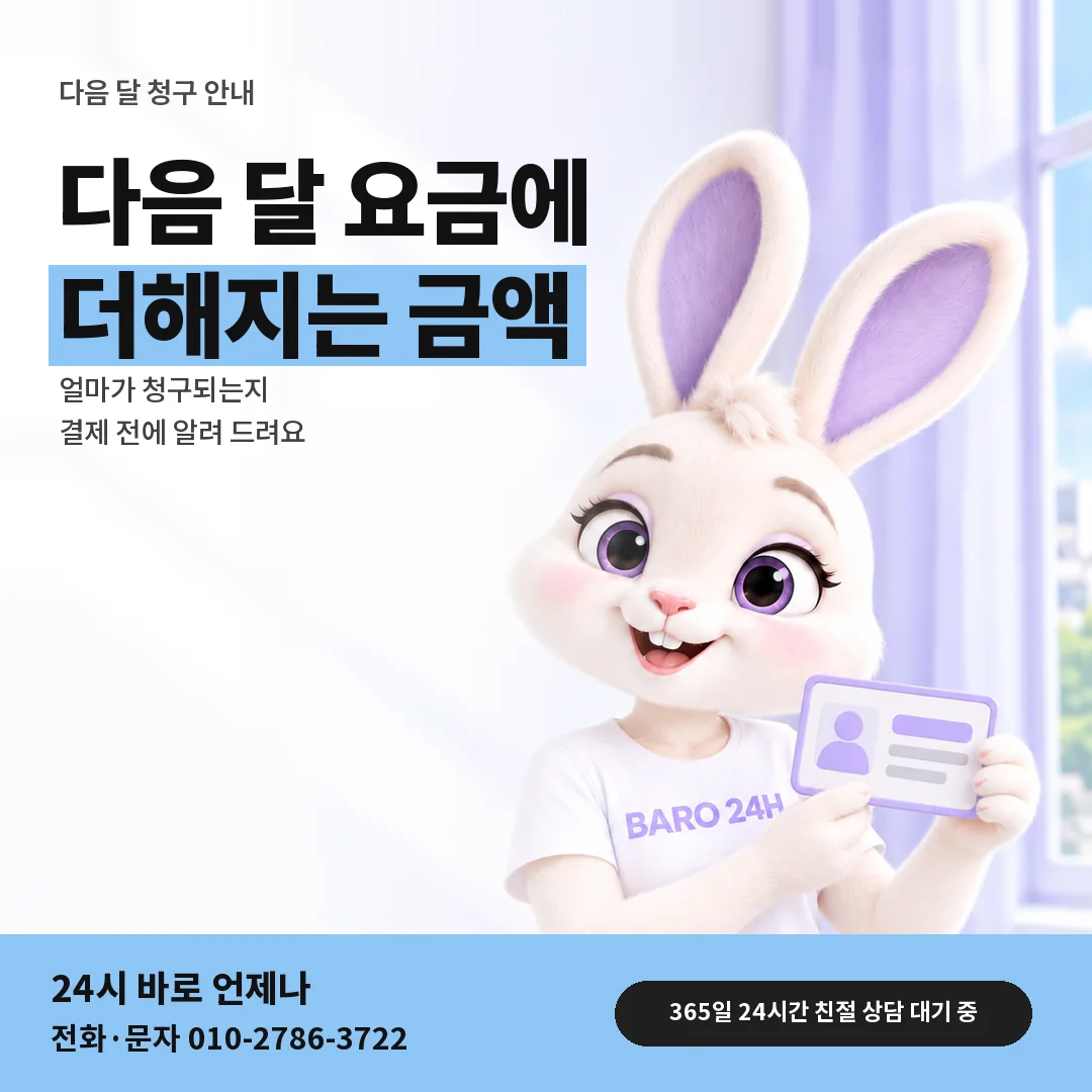 신분증을 든 BARO 24H 티셔츠를 입은 3D 토끼 캐릭터 옆에 「다음 달 청구 살펴보기」 제목을 얹은 안내 카드