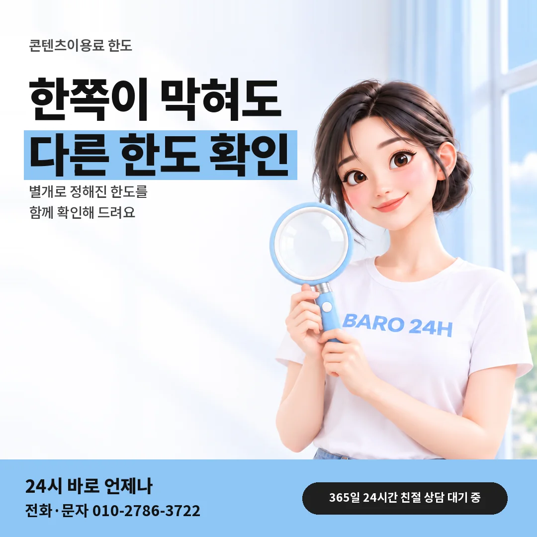 돋보기를 든 BARO 24H 티셔츠를 입은 3D 인물 옆에 「콘텐츠이용료 한도 함께 보기」 제목을 얹은 안내 카드