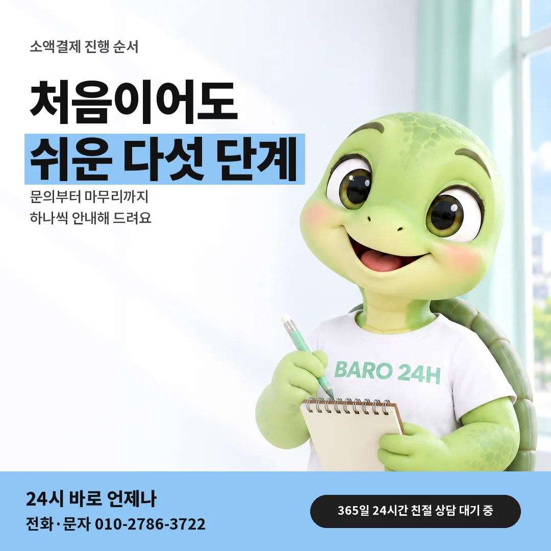 BARO 24H 티셔츠를 입은 3D 거북이 캐릭터 옆에 「소액결제 진행 순서」 제목을 얹은 안내 카드