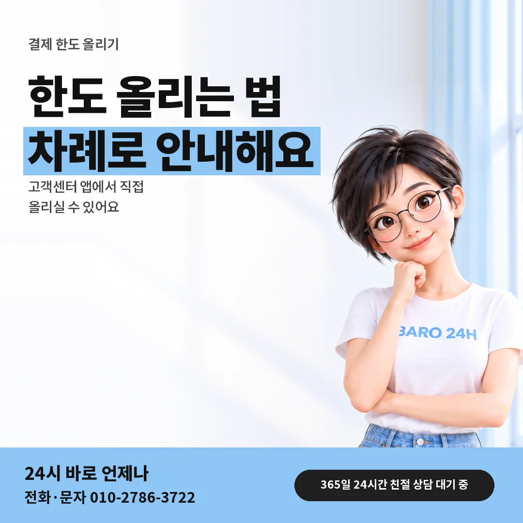 BARO 24H 티셔츠를 입은 3D 인물 옆에 「결제 한도 올리기 안내」 제목을 얹은 안내 카드