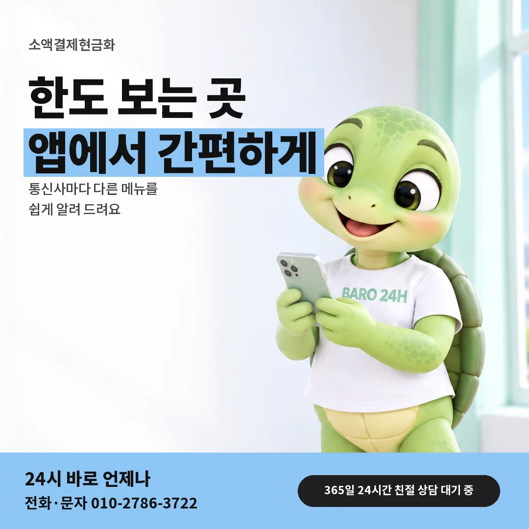 휴대폰을 보며 웃는 BARO 24H 티셔츠를 입은 3D 거북이 캐릭터 옆에 「통신사 앱 한도 확인」 제목을 얹은 안내 카드